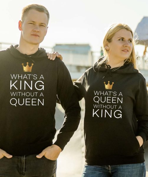 Black hooded couple jumpers Whats a king