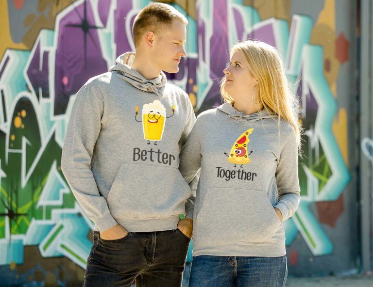 Grey hooded couple jumpers Better together forever