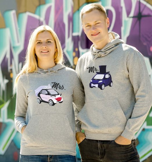 Grey hooded couple jumpers Car couple Mr. and Mrs.