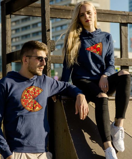 Blue hooded couple jumpers Peperoni pizza