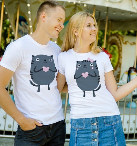White short sleeve couple graphic t shirts Love cats