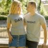 Grey short sleeve couple graphic t shirts Day and night