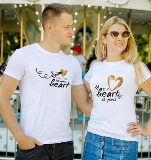 White short sleeve couple graphic t shirts Take me to your heart