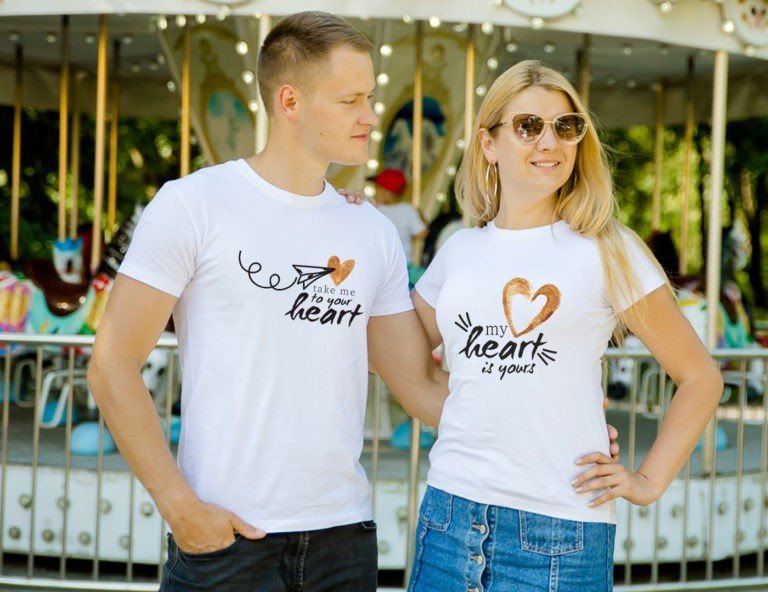 White short sleeve couple graphic t shirts Take me to your heart