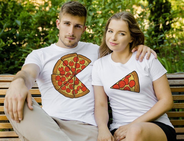 White short sleeve couple graphic t shirts Pizza peperoni