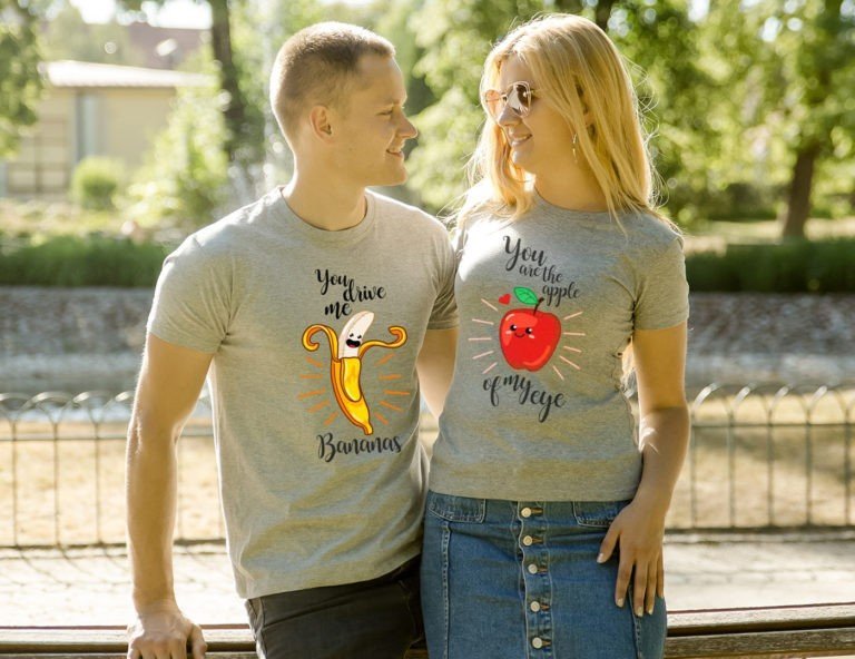 Grey short sleeve couple graphic t shirts Banana and apple
