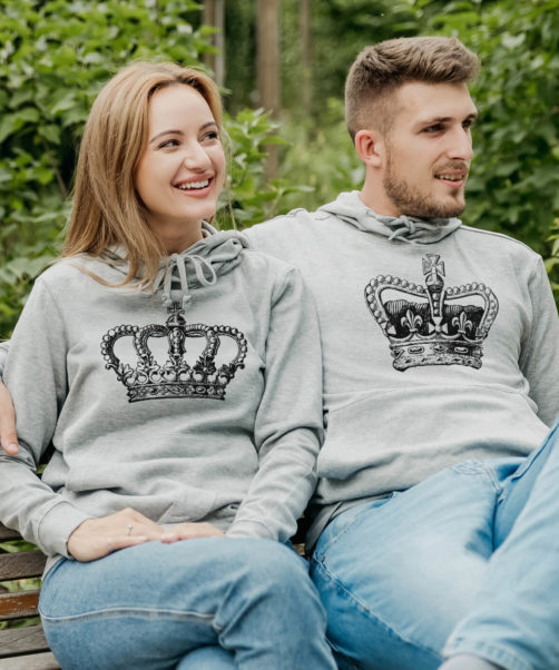 Grey hooded couple jumpers Crown king queen