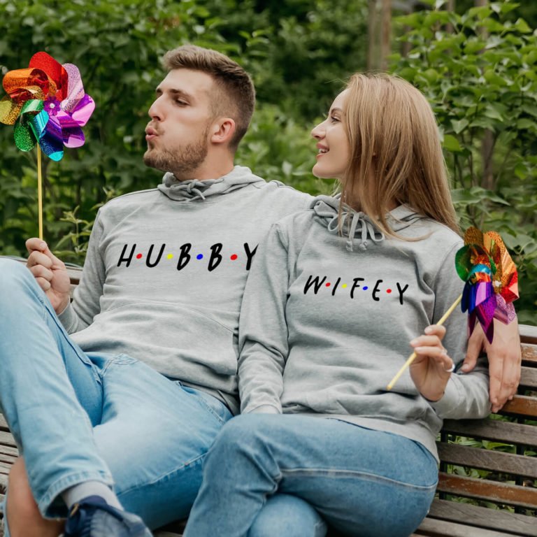 Grey hooded couple jumpers Hubby