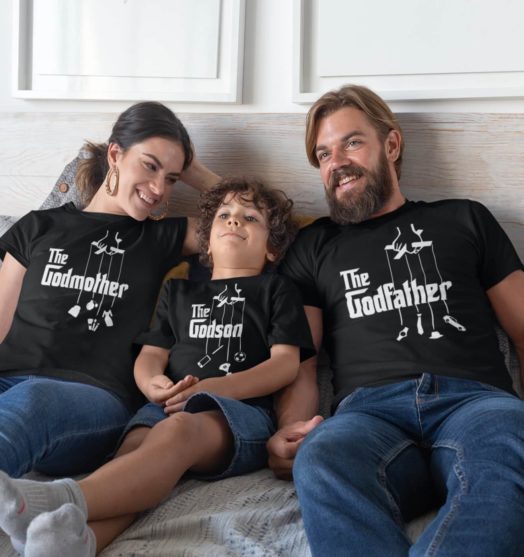 Black short sleeve family graphic t shirts the godmother father and son