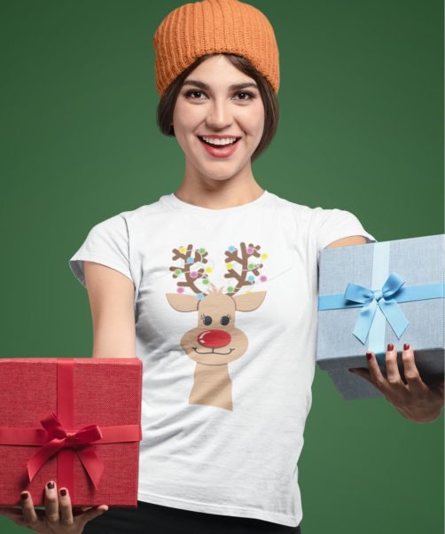 Short sleeve graphic women t shirt for christmas Deer with lights