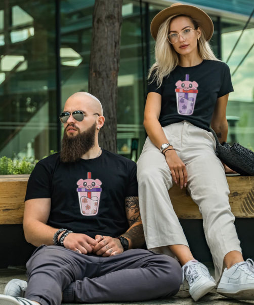 Black short sleeve couple graphic t shirts Rose syrup