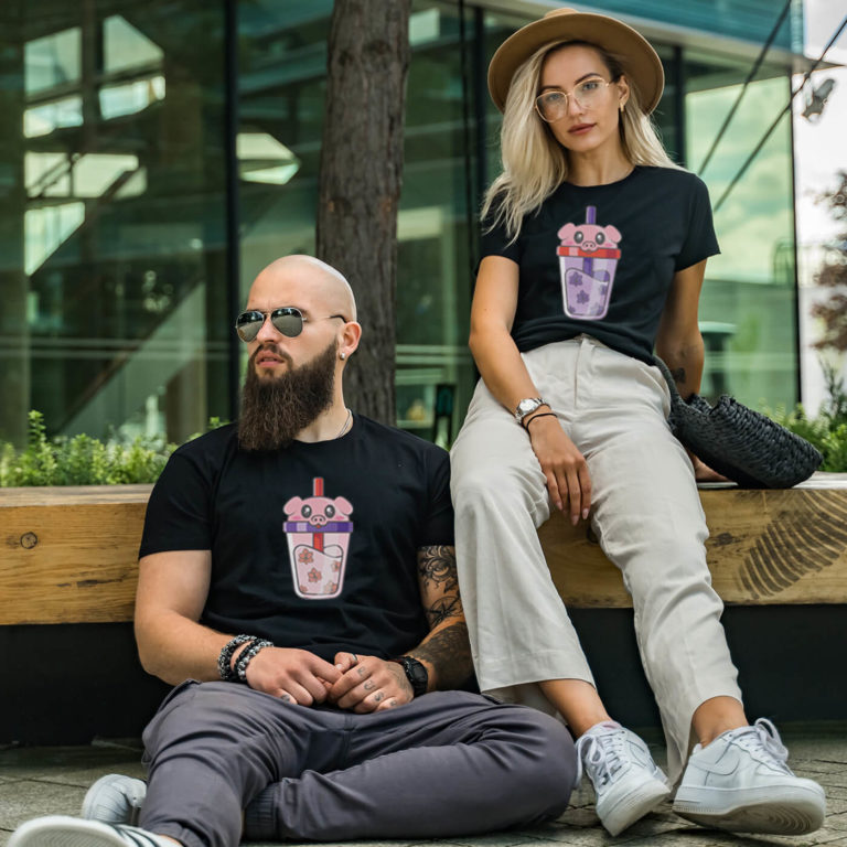Black short sleeve couple graphic t shirts Rose syrup