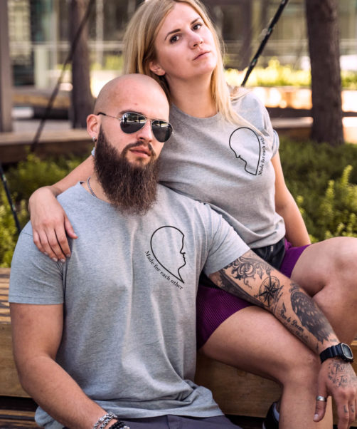 Grey short sleeve couple graphic t shirts Each other