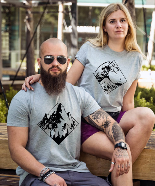 Grey short sleeve couple graphic t shirts Mountain