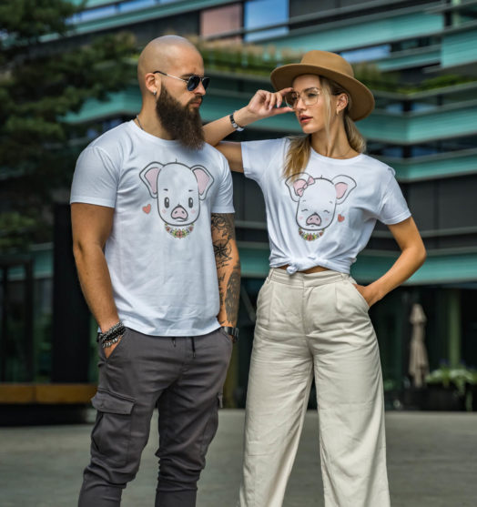 White short sleeve couple graphic t shirts Pig and flower