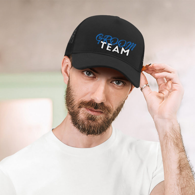 Black unisex jersey graphic cap Groom team