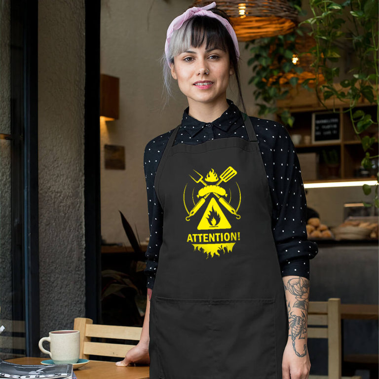 Black long with pockets graphic apron Attention