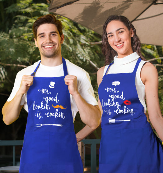 Blue graphic aprons for couple Good looking