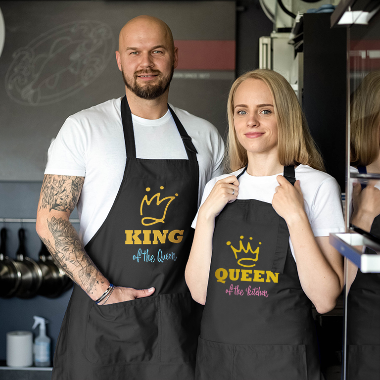 Graphic matching couple aprons King and queen