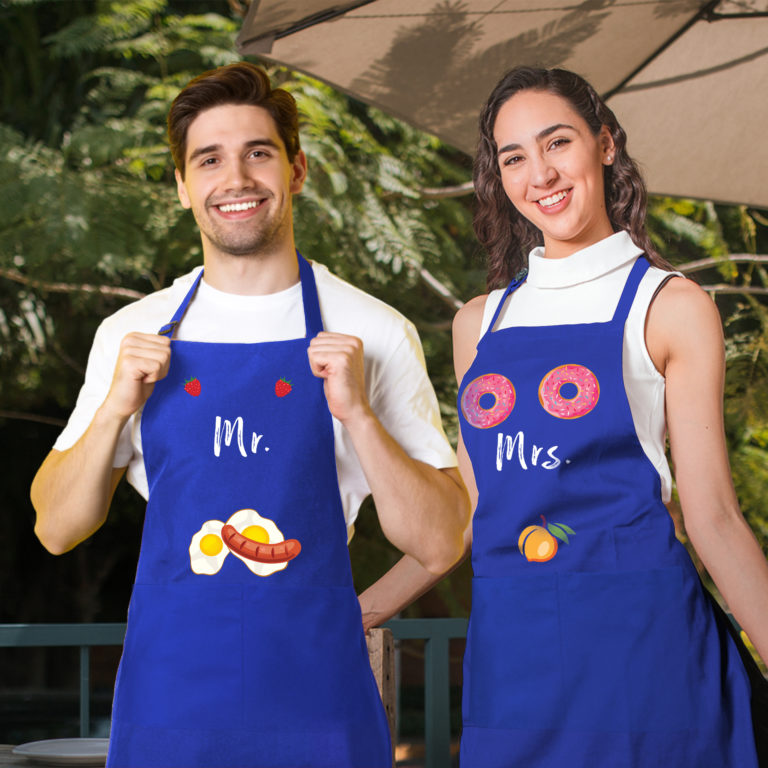 Blue graphic aprons for couple Mr and Mrs