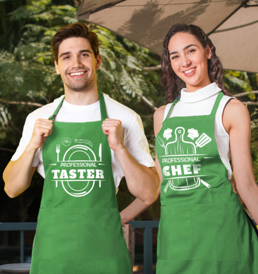 Green graphic aprons for couple Professionals