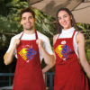 Red graphic aprons for couple Super team