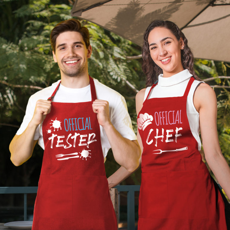 Red graphic aprons for couple Official taster and chef